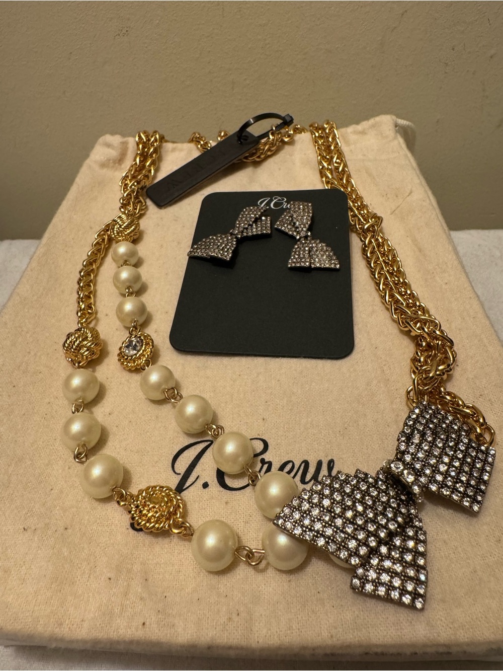 NWT J. Crew Pave Crystal Bow Set: Layered Necklace AF772 & Stud Earrings AF765